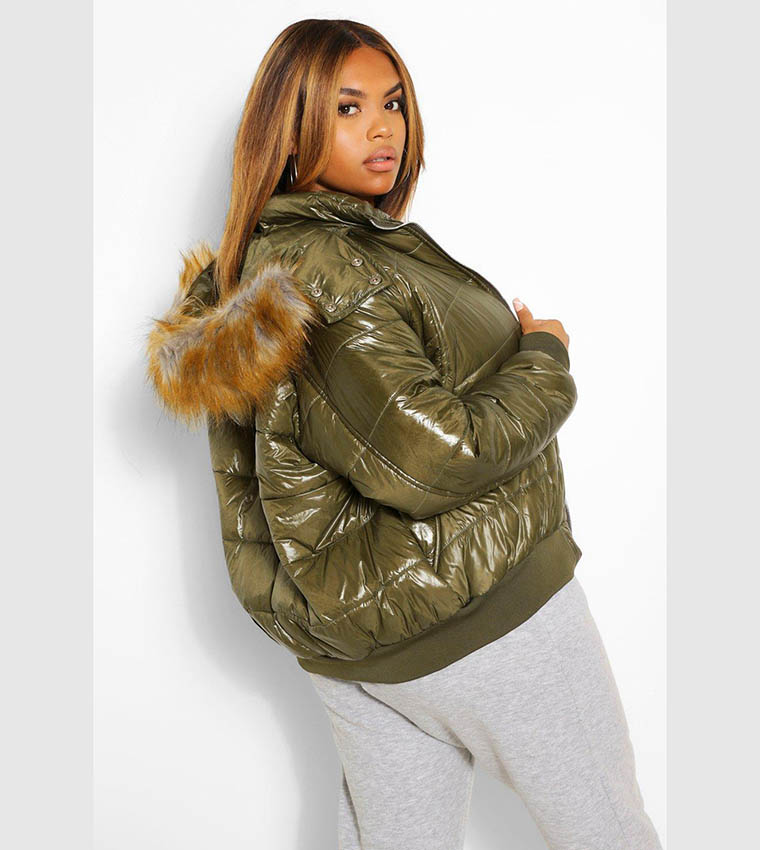 Black faux fur trim shop high shine puffer jacket