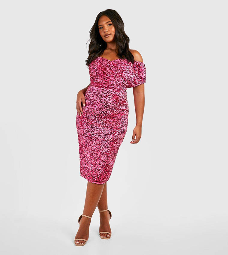 Boohoo off the shoulder wrap dress online