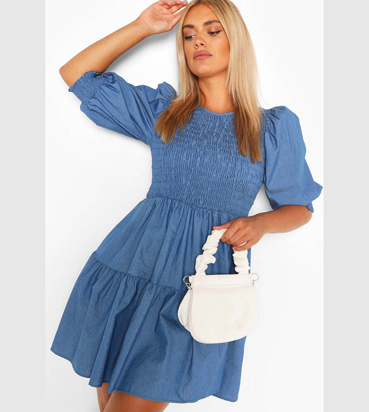 Buy Boohoo Chambray Shirred Smock Dress In Blue 6thStreet Oman