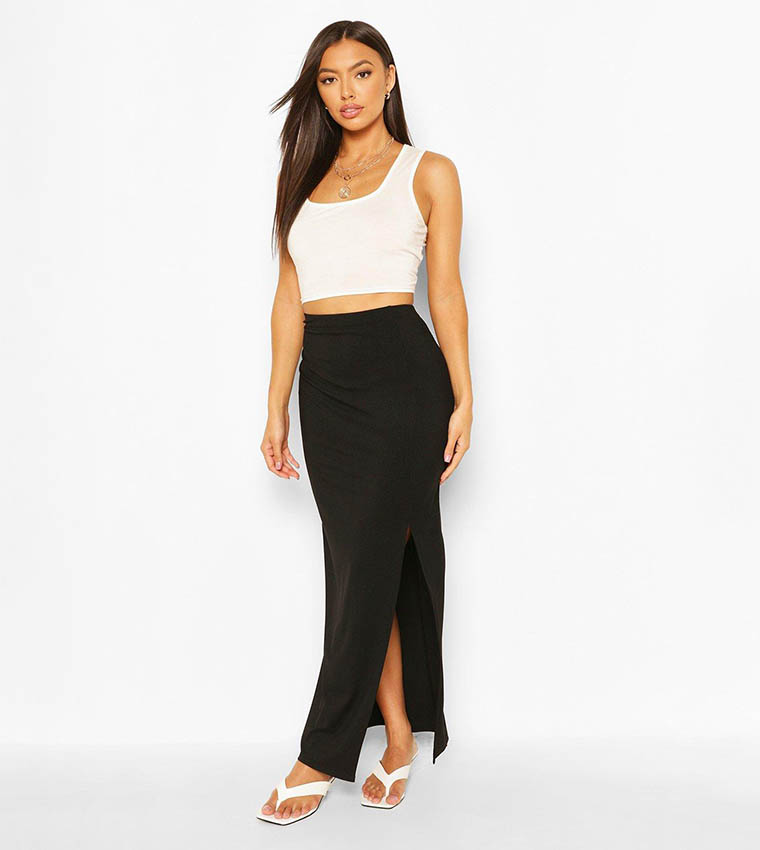 Buy Boohoo Ribbed Side Split Maxi Skirt In Black 6thStreet Qatar