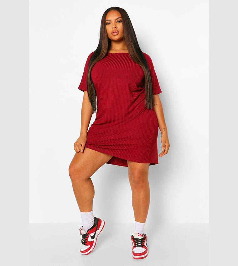 Buy Boohoo Basic Soft Ribbed Oversized T Shirt Dress In Red