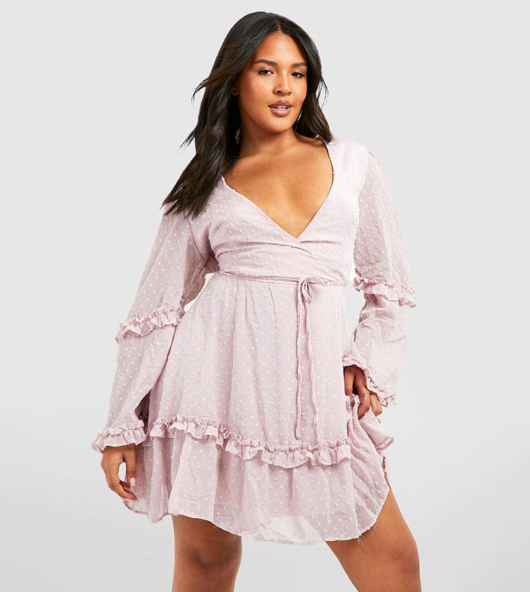 plus dobby chiffon wide sleeve skater dress Black boohoo Plus Dobby Chiffon Wide Sleeve Skater Dress
