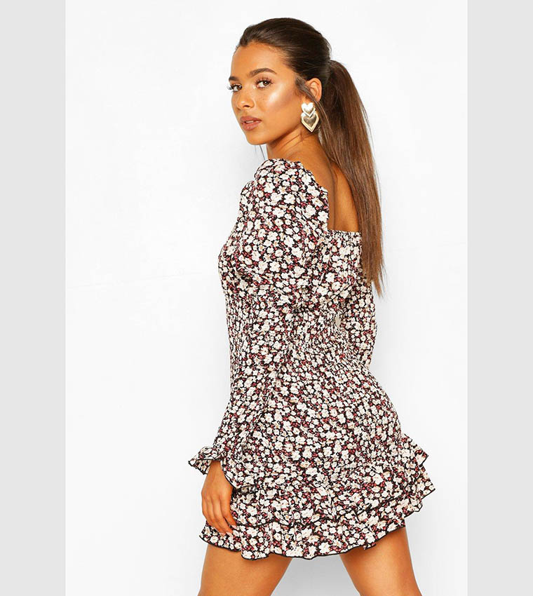 Buy Boohoo Ditsy Floral Sheer Detail Ruffle Mini Dress In Multiple