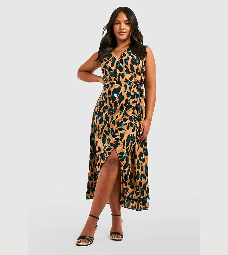 Buy Boohoo Wrap Leopard Ruffle Midi Dress In Multiple Colors 6thStreet Kuwait