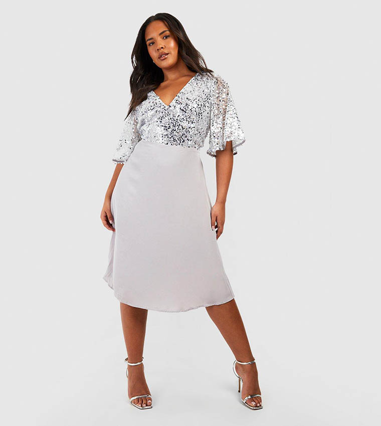 boohoo silver dress Silver Sequin Sheer Shift Party Dress