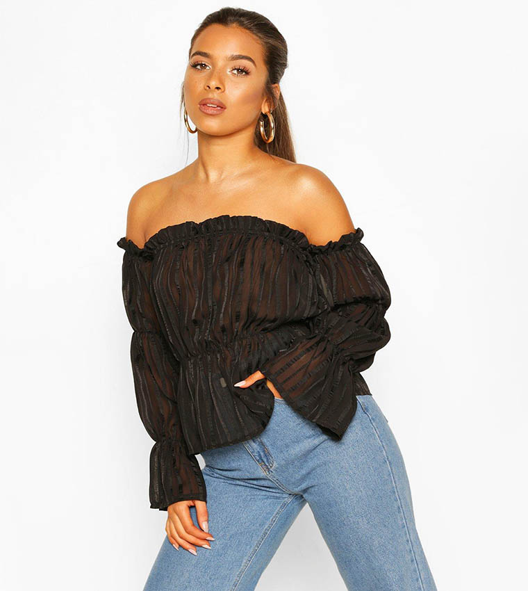 Buy Boohoo Satin Stripe Volume Sleeves Bardot Top In Black