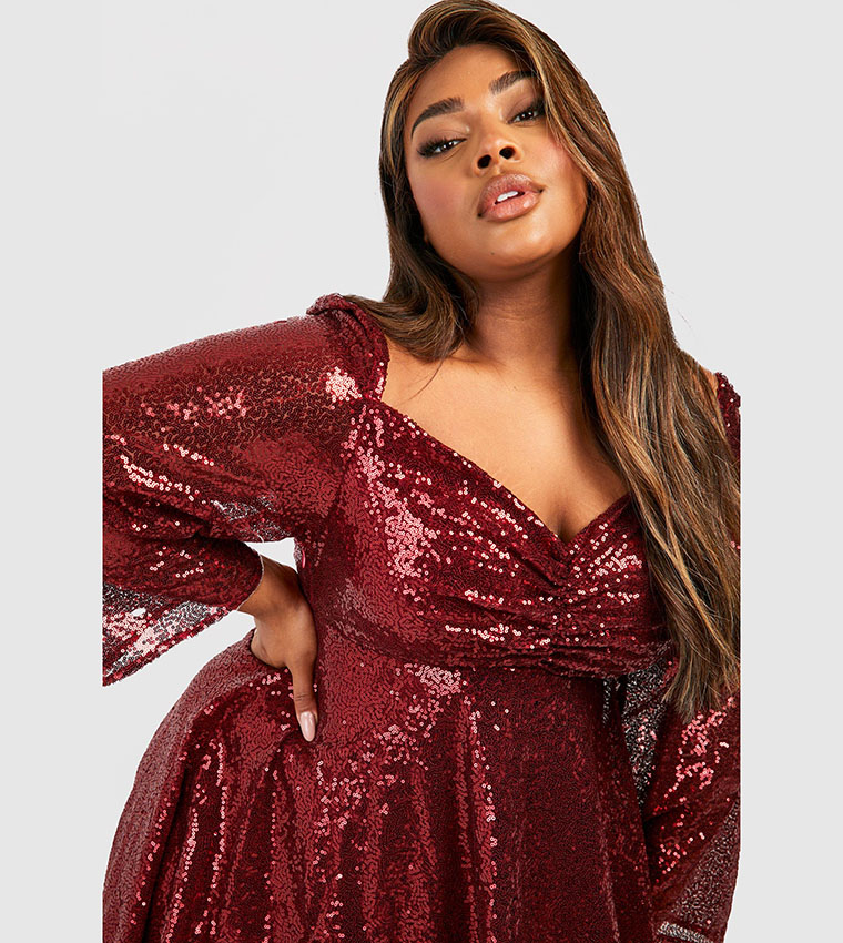 Buy Boohoo Sequin Puff Sleeves Ruched Detail Skater Dress In Red