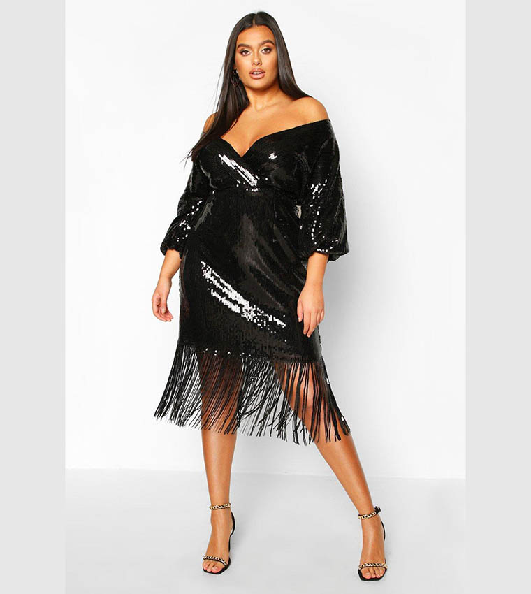 Buy Boohoo Sequin Off The Shoulder Wrap Midi Dress In Gold 6thstreet Uae