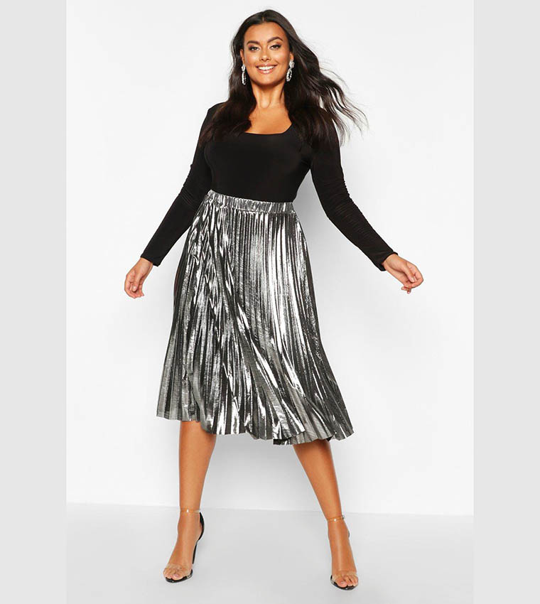 Metallic pleated midi skirt black best sale