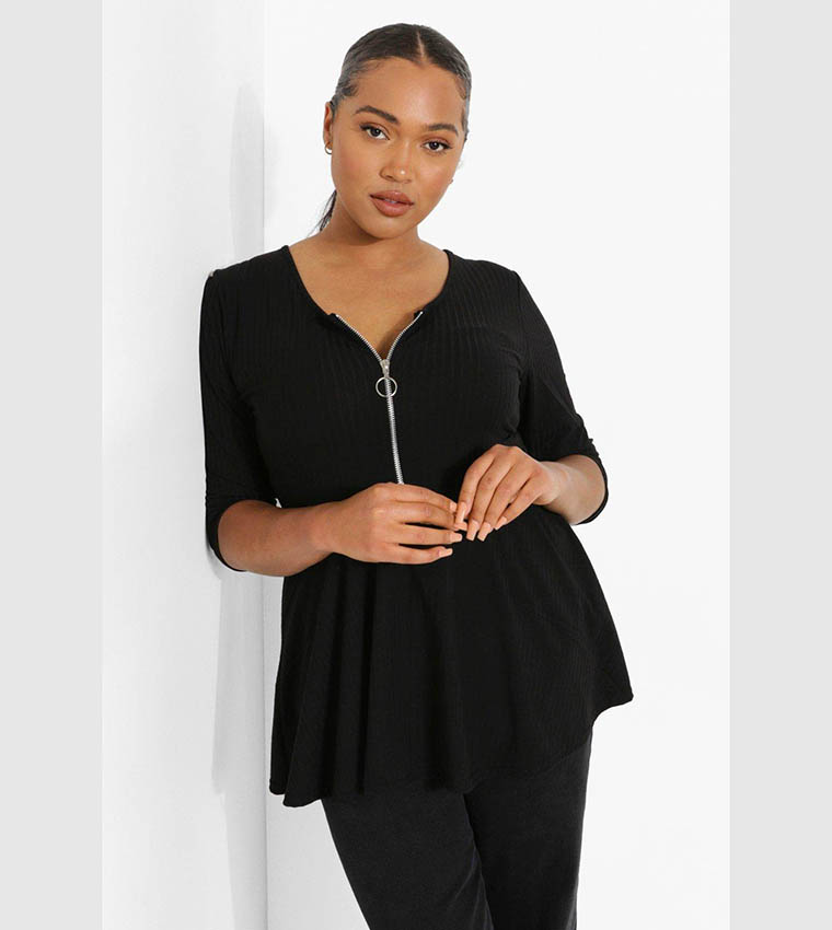 Buy Boohoo Zip Front Ribbed Peplum Top In Black 6thStreet Bahrain - Main Image