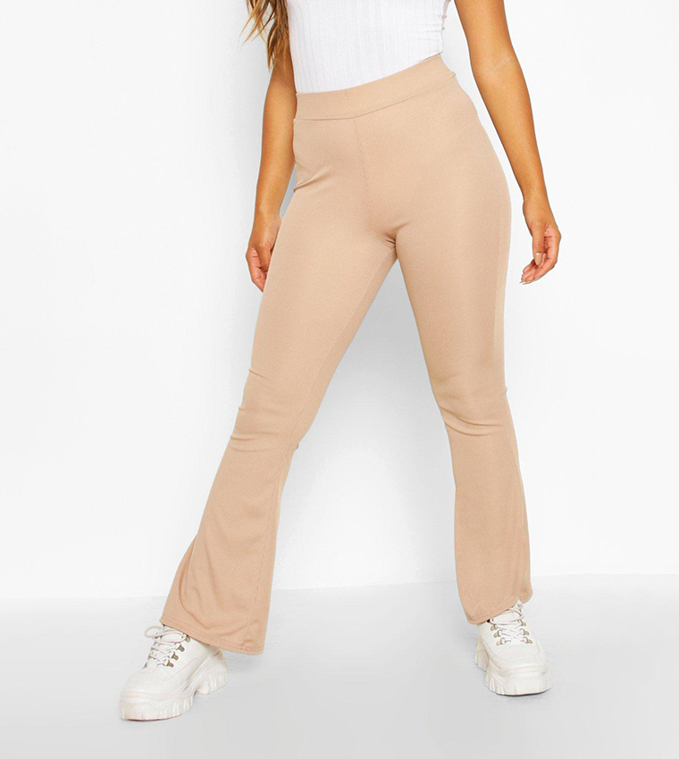 Petite Ribbed High Waisted Flare Trousers