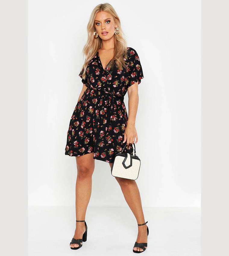 Buy Boohoo Floral Tie Waist Wrap Tea Dress In Black 6thStreet Kuwait