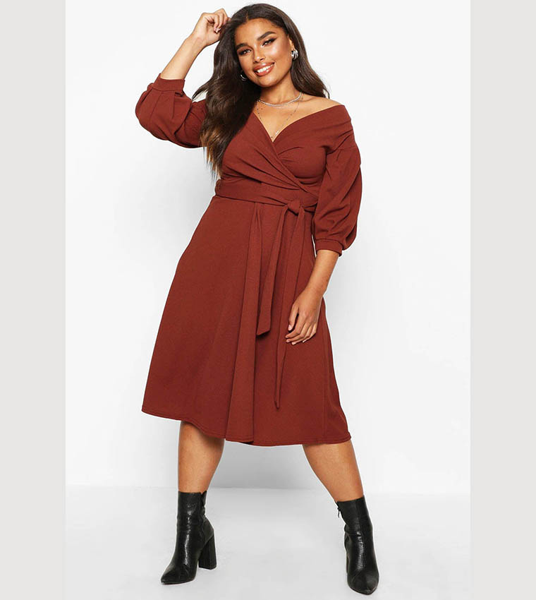 off the shoulder wrap midi dress boohoo review Buy Boohoo Off Shoulder Wrap Midi Dress In Brown