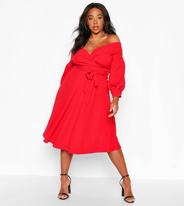 Buy Boohoo Off Shoulder Wrap Midi Dress In Red | 6thstreet Oman