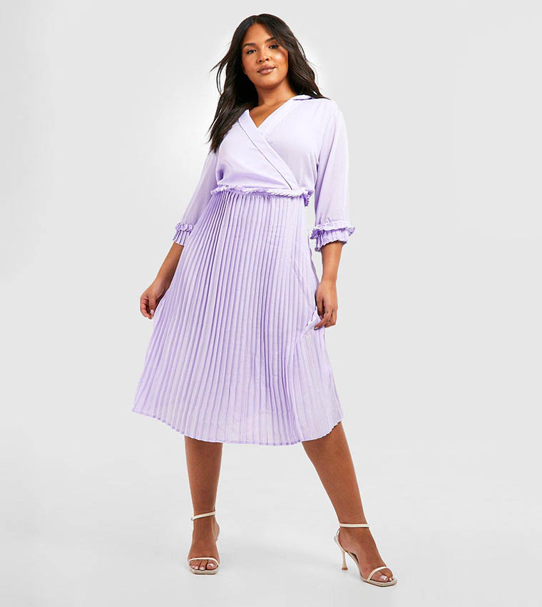 boohoo pleated midi dress Black Plus Pleated Belted Wrap Front Midi Dress