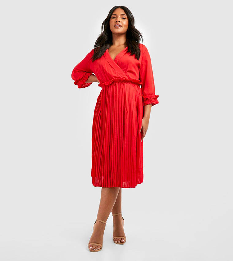 Midi Dress Frill Dress Boohoo Buy Boohoo Ruffle Detail Pleated Midi Dress  In Red 6thstreet Qatar
