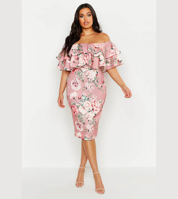 Buy Boohoo Off Shoulder Floral Ruffle Midi Dress In Pink 6thStreet Bahrain