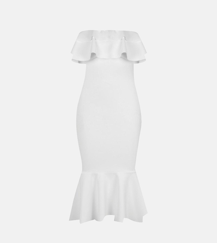 Buy Boohoo Ruffle Fishtail Midi Dress In White | 6thstreet Qatar