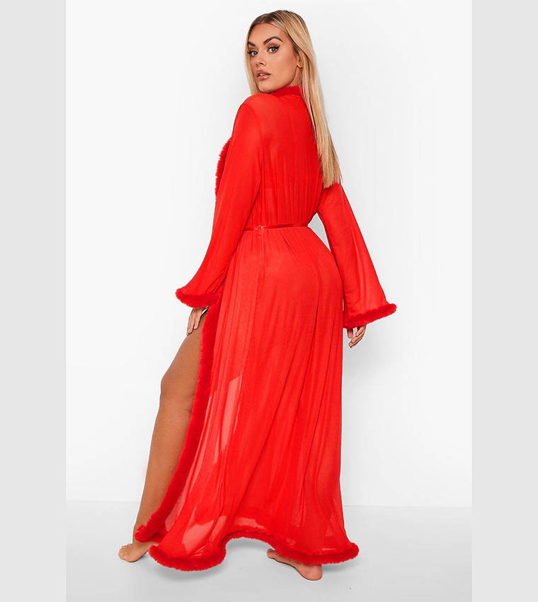 Buy Boohoo Kimono Robe With Fluffy Trim In Red 6thStreet Bahrain
