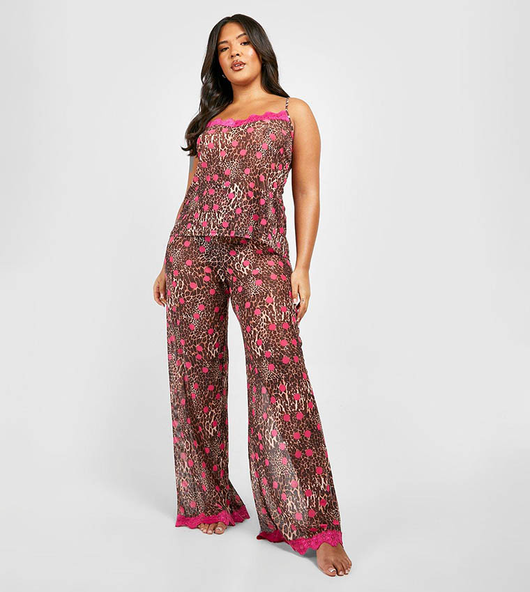 Buy Boohoo Leopard Print Polka Dot Lace Trim Cami Top And Trousers