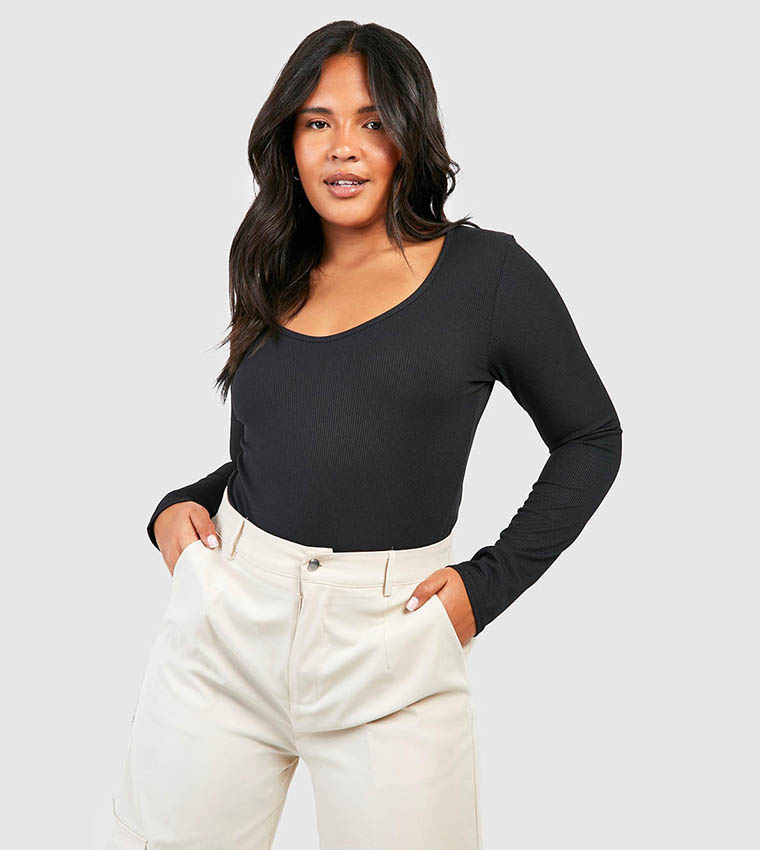 Buy Boohoo Basic Plunge Ribbed Bodysuit Top In Black