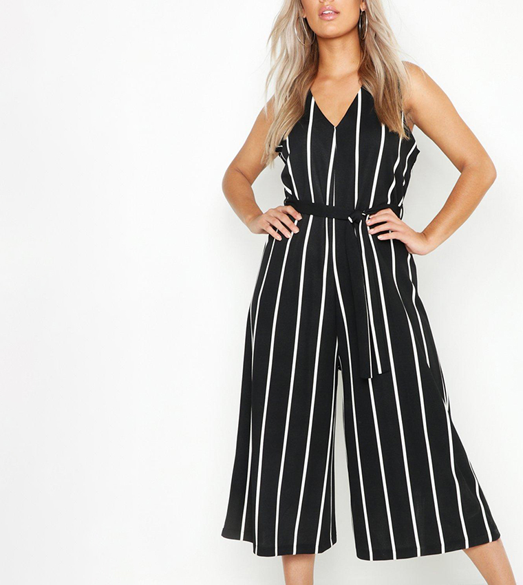 Black and white store striped culotte jumpsuit