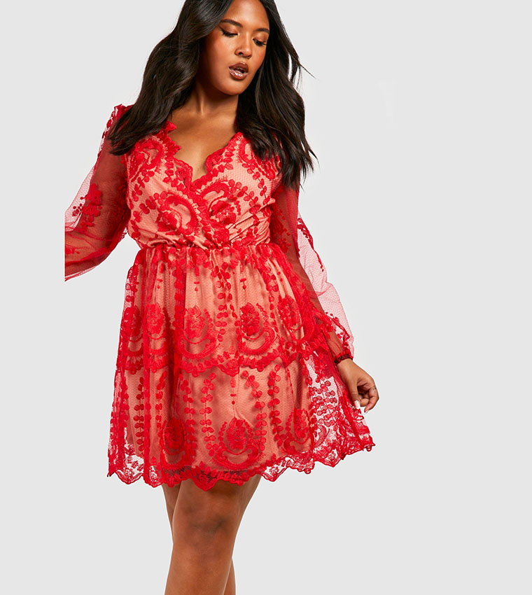 Plus lace plunge skater dress hotsell