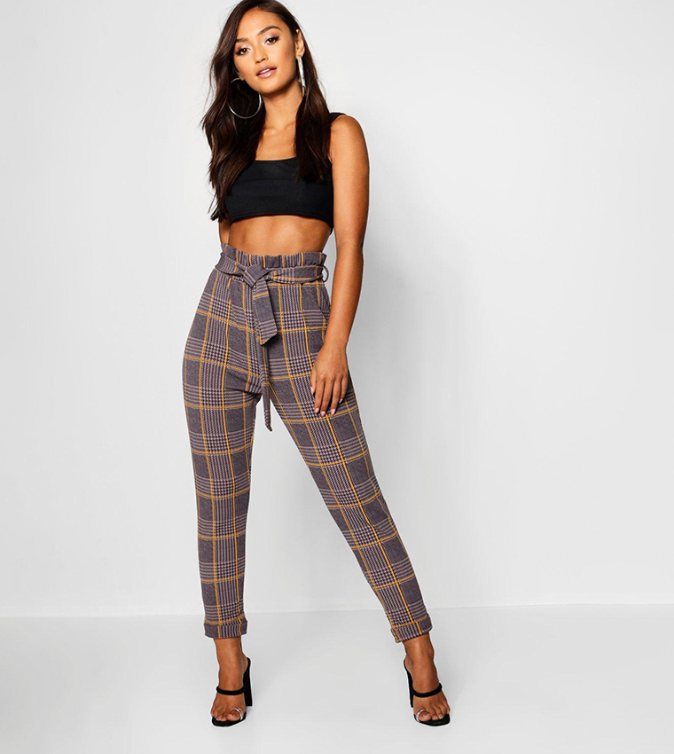 Buy Boohoo Petite Dogtooth Check Belted Trousers In Grey
