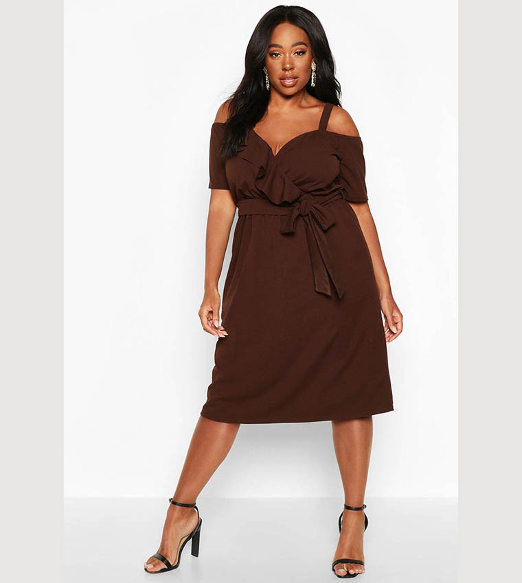 Plus plunge ruffle belt midi dress best sale