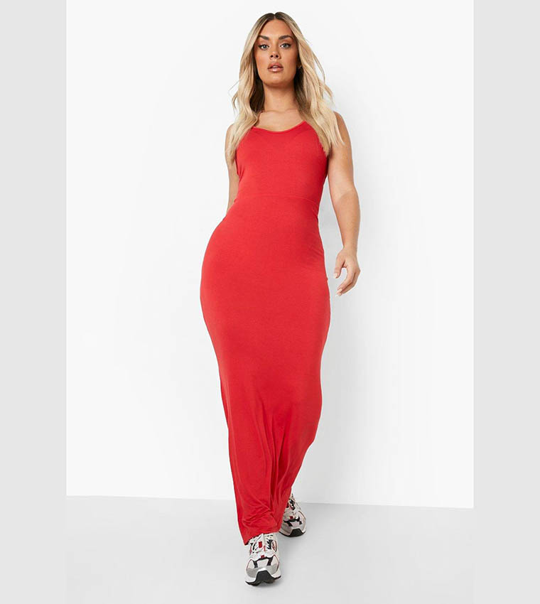 Curved Neck Strappy Slim Fit Maxi Dress