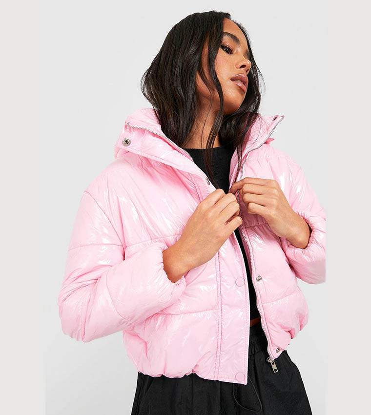 Buy Boohoo Hooded Crop High Shine Coat In Pink 6thStreet Kuwait