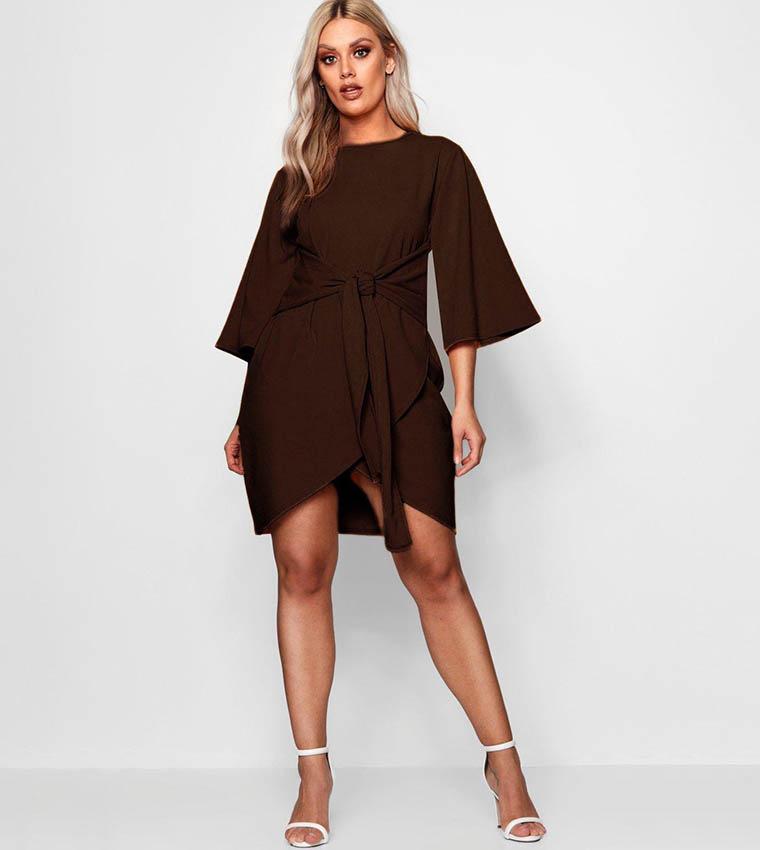 Buy Boohoo Kimono Sleeves Tie Waist Wrap Dress In Brown 6thStreet Oman