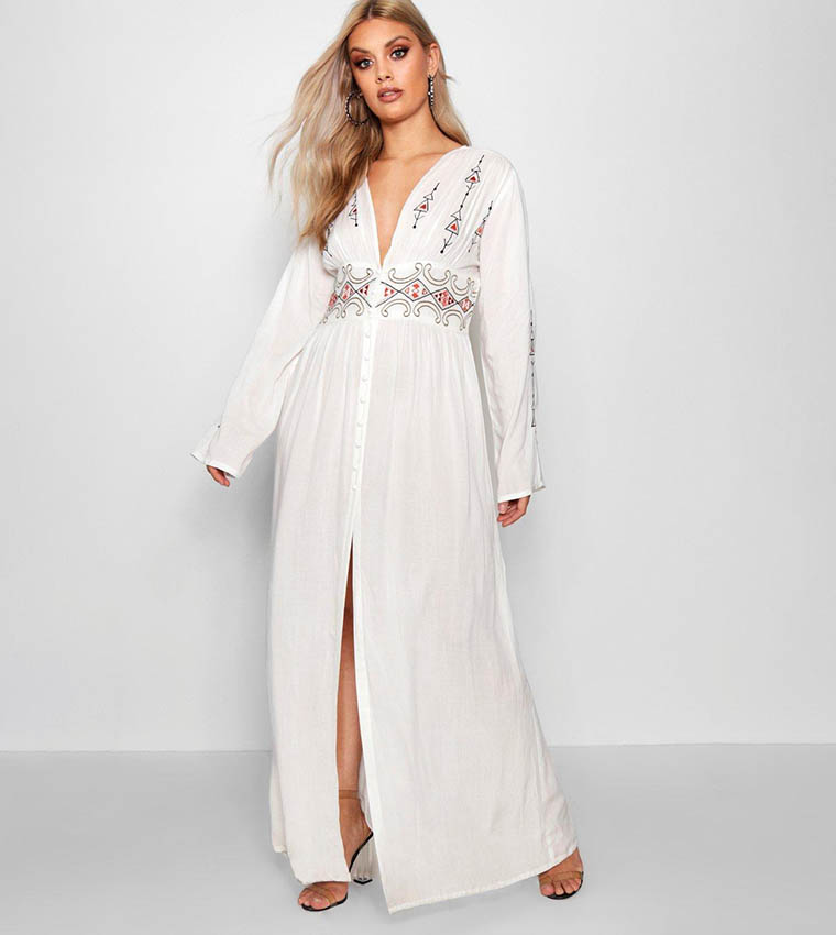 Buy Boohoo Embroidered Plunge Maxi Dress In White | 6thstreet Bahrain Buy Boohoo Embroidered Plunge Maxi Dress In White | 6thstreet Bahrain