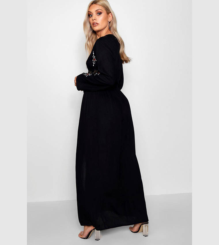 green emerald velvet dress Luna Embroidered Maxi Dress Brown / L