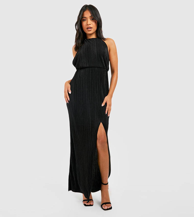 Buy Boohoo Plisse Pleated Thigh Split Maxi Dress In Black | 6thstreet Oman