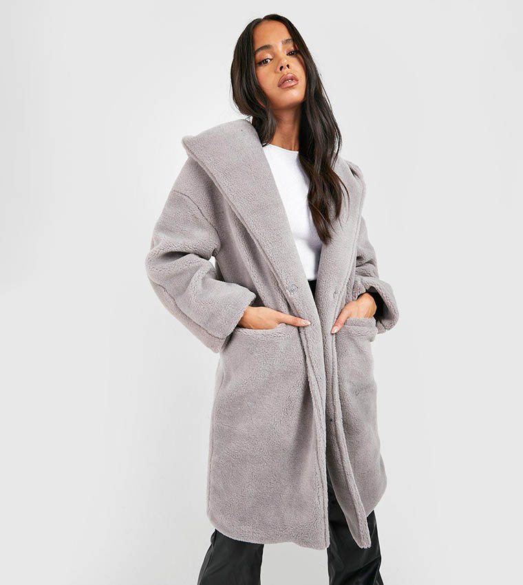 Buy Boohoo Oversized Hooded Teddy Coat In Grey 6thStreet Qatar