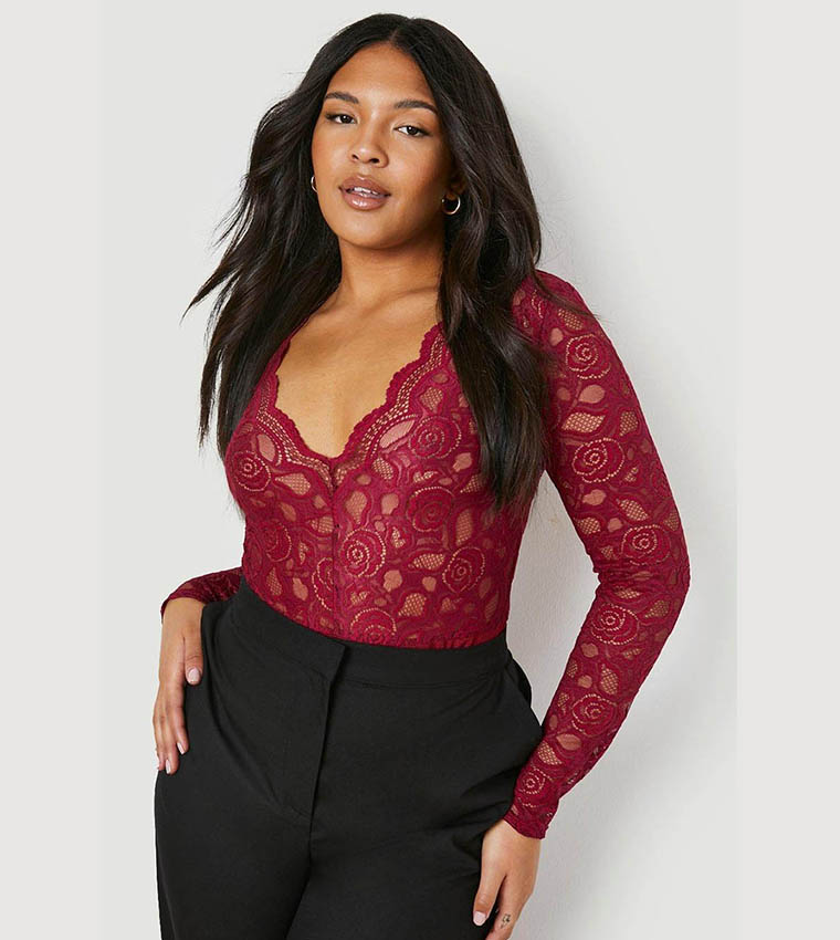 Buy Boohoo Plunge V Neck Lace Bodysuit Top In Red