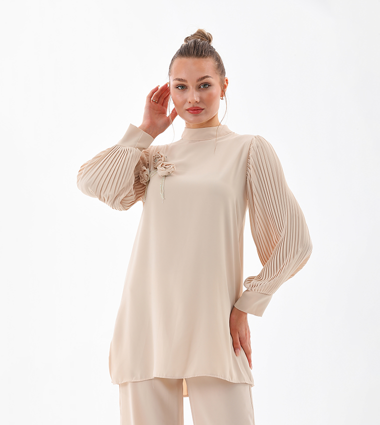 Appliqued Pleated Sleeves Co-Ord Set