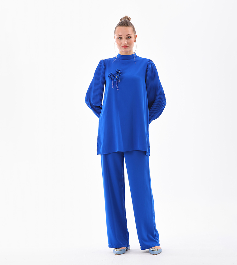 Appliqued Pleated Sleeves Co-Ord Set