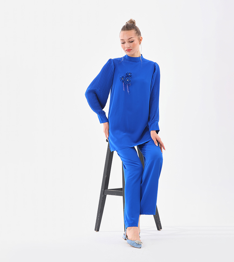 Appliqued Pleated Sleeves Co-Ord Set