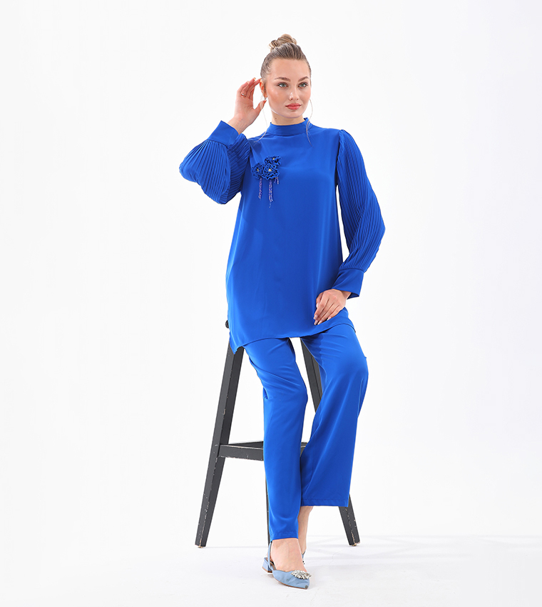 Appliqued Pleated Sleeves Co-Ord Set
