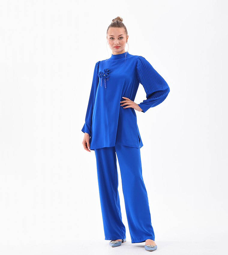 Appliqued Pleated Sleeves Co-Ord Set