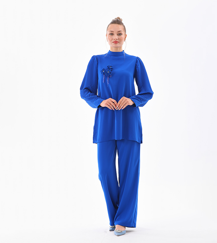 Appliqued Pleated Sleeves Co-Ord Set