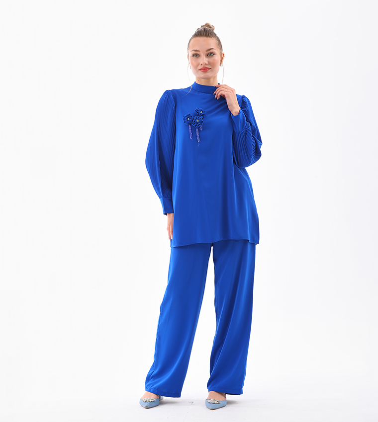 Appliqued Pleated Sleeves Co-Ord Set