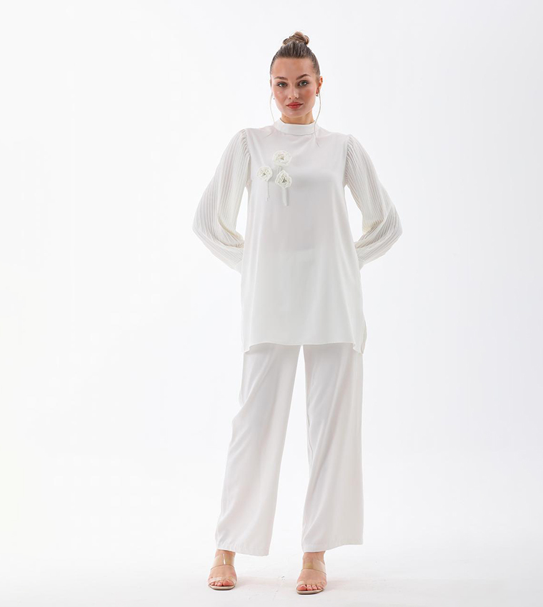 Appliqued Pleated Sleeves Co-Ord Set