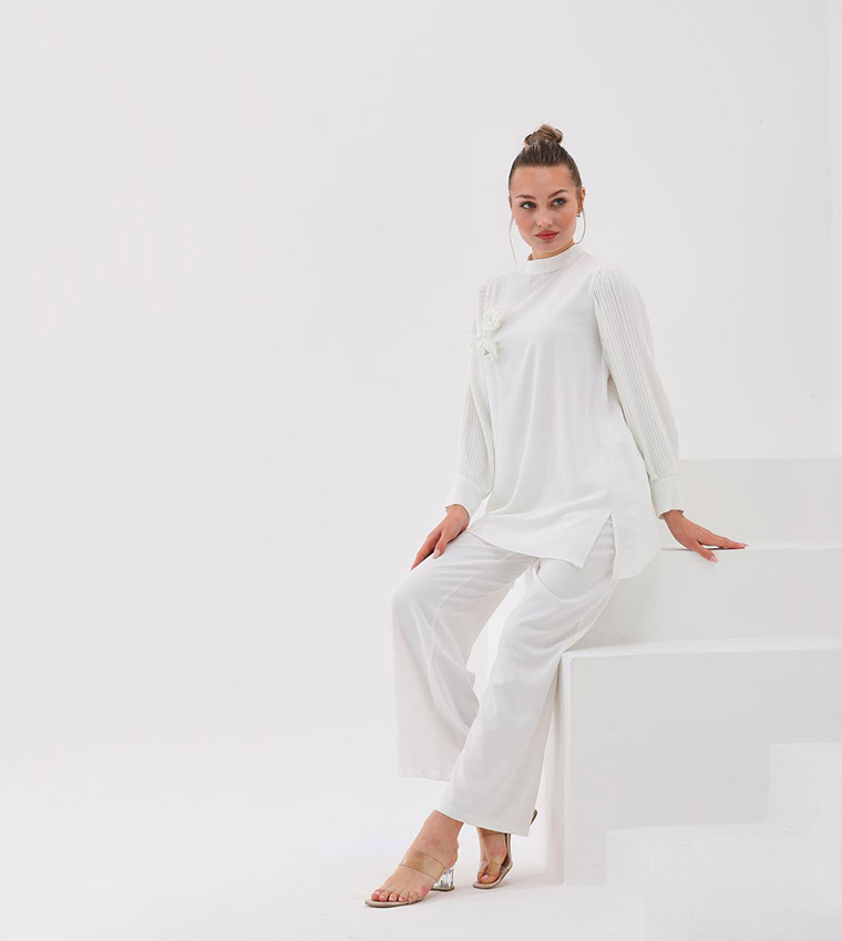 Appliqued Pleated Sleeves Co-Ord Set