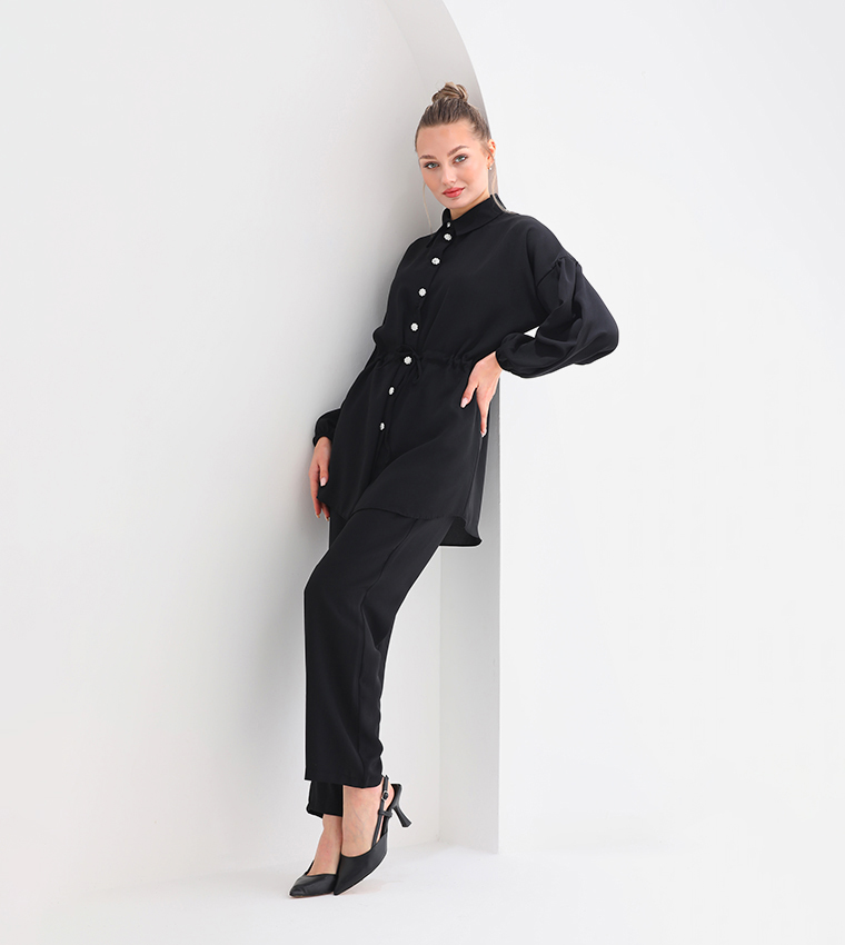 Buttoned Drawstring Waist Co-Ord Set