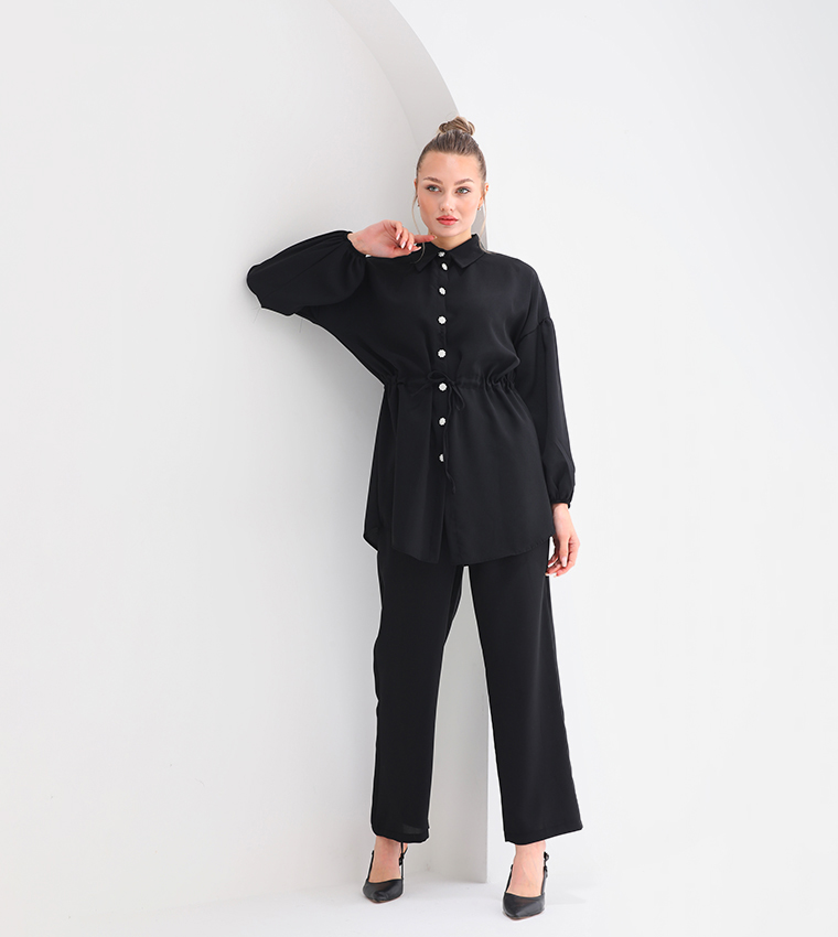 Buttoned Drawstring Waist Co-Ord Set