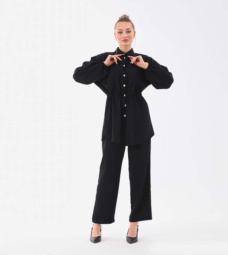 Buttoned Drawstring Waist Co-Ord Set