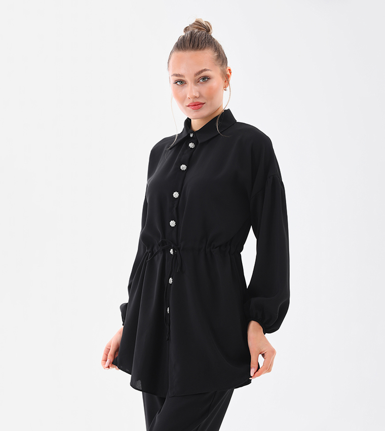 Buttoned Drawstring Waist Co-Ord Set